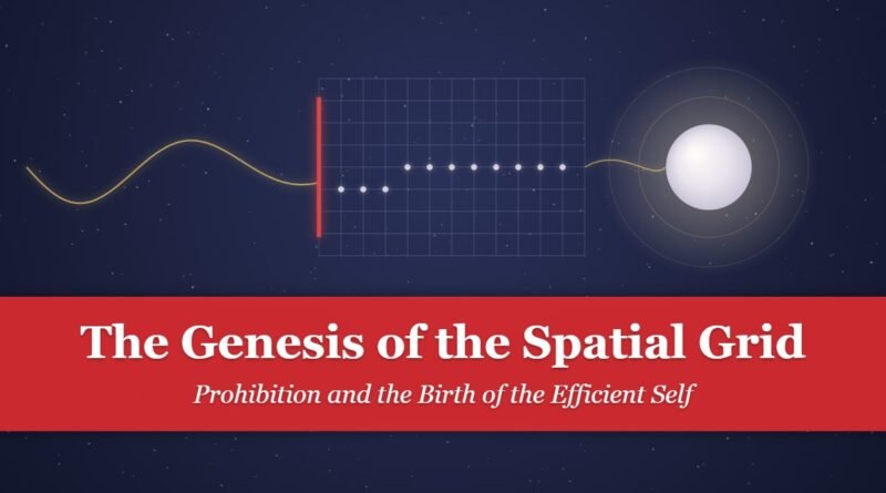 The Genesis of the Spatial Grid: a flowing line meets a red bar, breaks into beads on a grid, and gathers into one luminous pearl